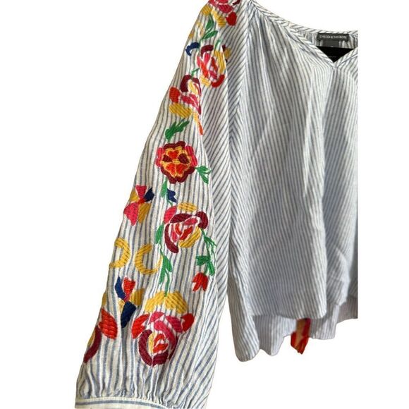 New Chelsea & Theodore Blue Chambray Stripe Embroidered White Top linen blend Wo - Picture 7 of 11